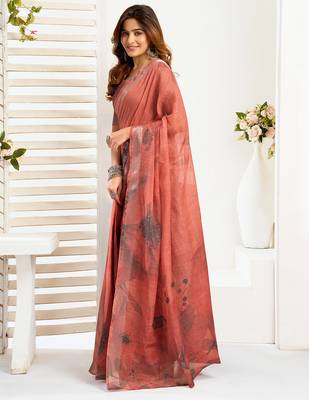 Brown digital printed linen ready to wear designer saree with unstitched blouse 7