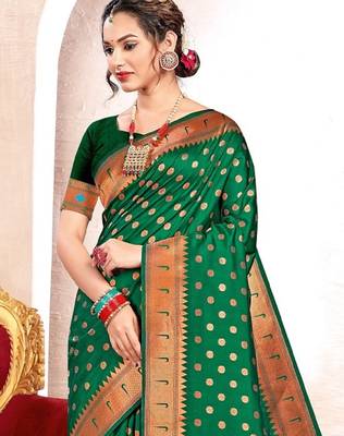 green color woven work paithani art silk blend saree 3