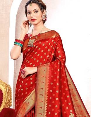 red color woven work paithani art silk blend saree 3