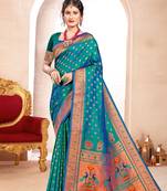sea green color woven work paithani art silk saree