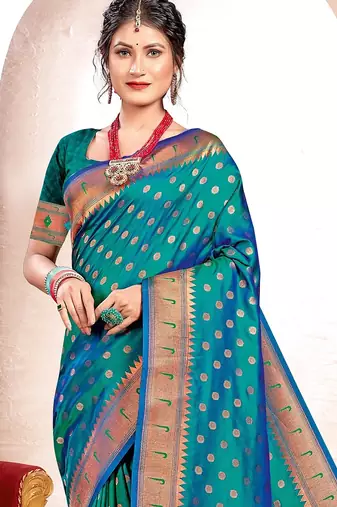 sea green color woven work paithani art silk blend saree