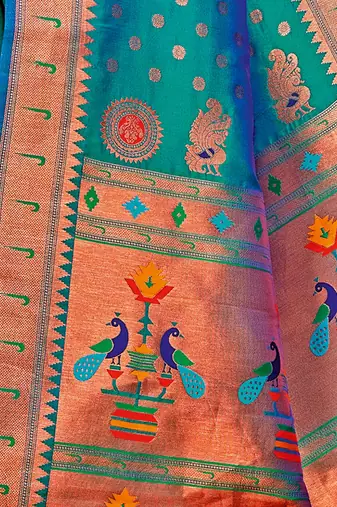 sea green color woven work paithani art silk blend saree