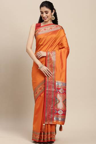 orange color zari woven art silk blend saree with un-stitch blouse