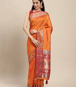 orange color zari woven art silk blend saree with un-stitch blouse