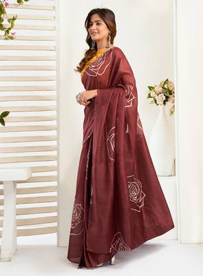 Dark brown digital printed linen ready to wear designer saree with unstitched blouse 7