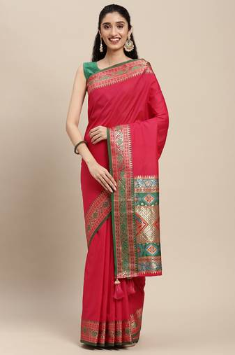 maroon color zari woven art silk blend saree with un-stitch blouse