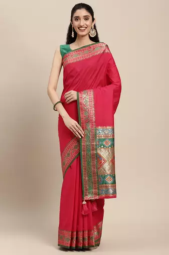 maroon color zari woven art silk blend saree with un-stitch blouse