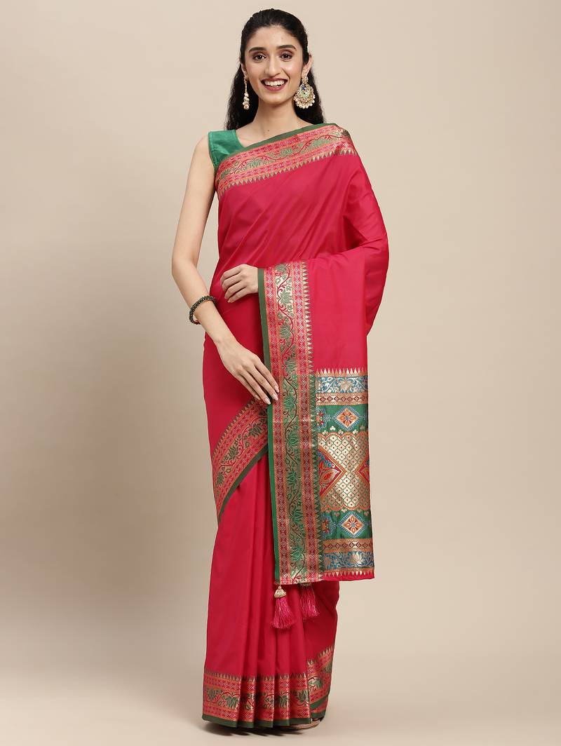 maroon color zari woven art silk blend saree with un-stitch blouse