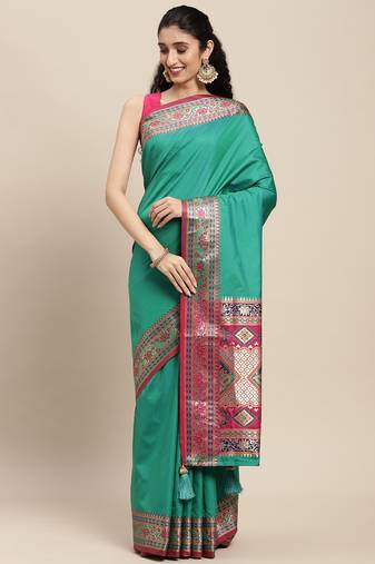 Teal Green color zari woven art silk blend saree with un-stitch blouse