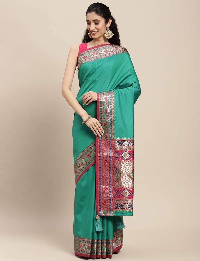 Teal Green color zari woven art silk blend saree with un-stitch blouse