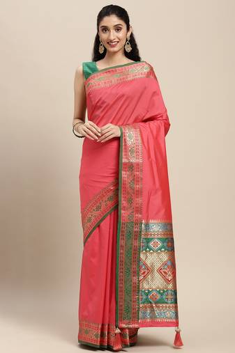 gajari pink color zari woven art silk blend saree with un-stitch blouse