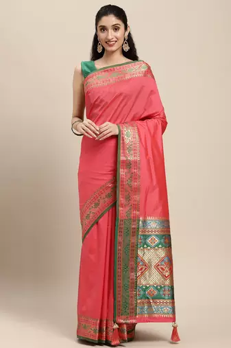 gajari pink color zari woven art silk blend saree with un-stitch blouse