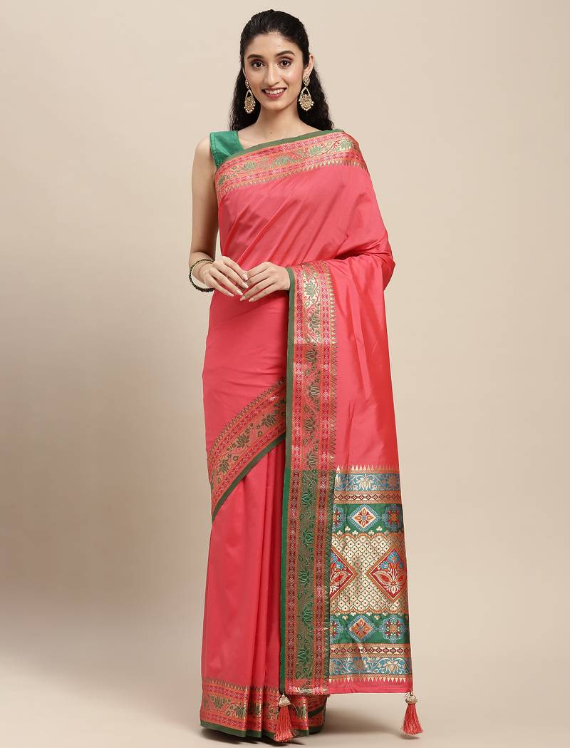gajari pink color zari woven art silk blend saree with un-stitch blouse