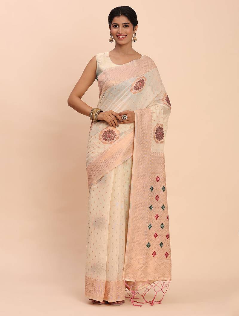 off white color woven work linen cotton saree