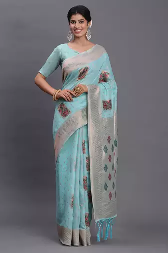 sky blue color woven work linen cotton saree