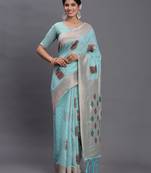 sky blue color woven work linen cotton saree