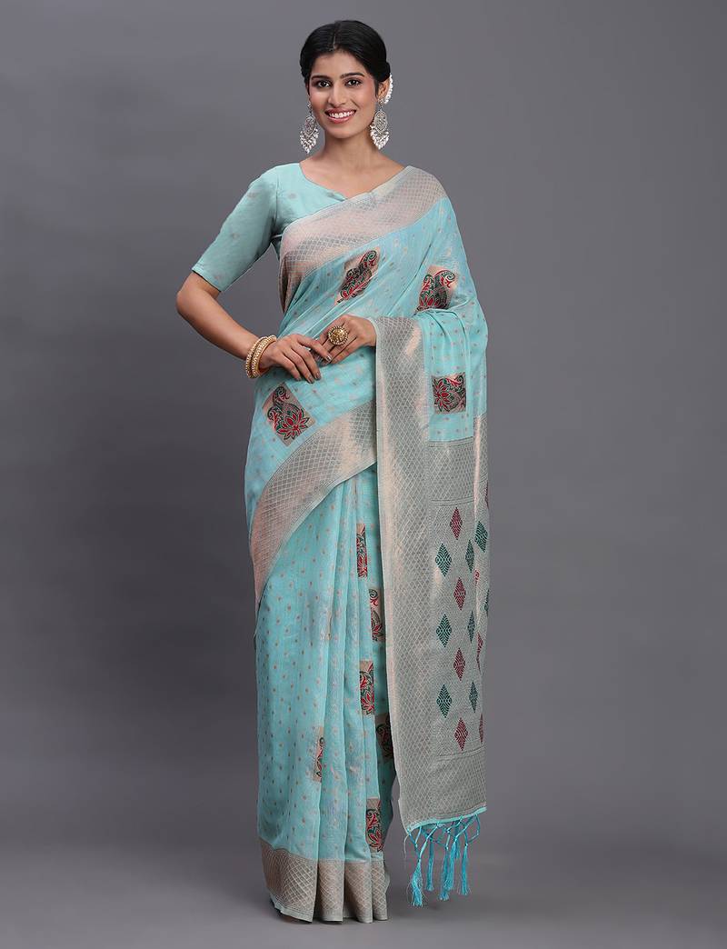 sky blue color woven work linen cotton saree