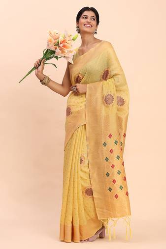 yellow color woven work linen cotton saree