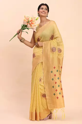 yellow color woven work linen cotton saree