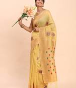 yellow color woven work linen cotton saree