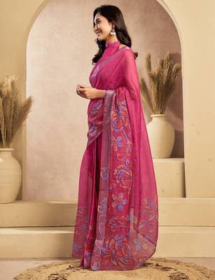 Pink digital printed linen ready to wear designer saree with unstitched blouse 7