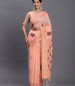 peach color woven work linen cotton saree