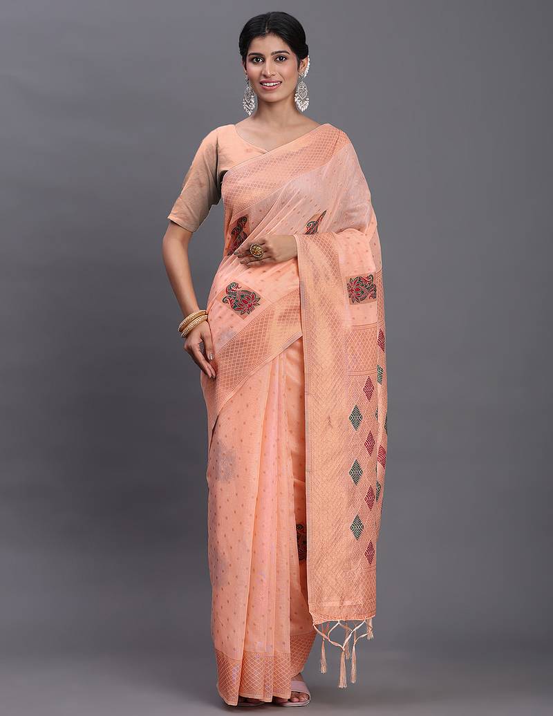 peach color woven work linen cotton saree