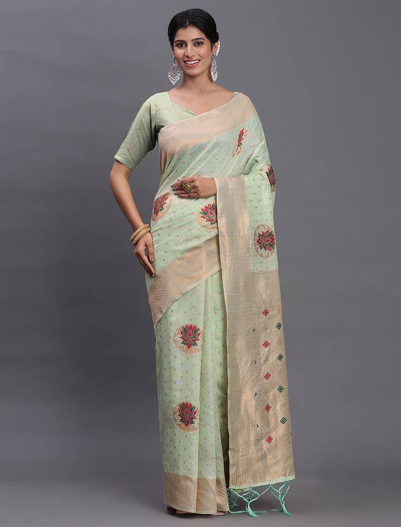 light green color woven work linen cotton saree