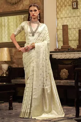off white soft satin art silk silver weaving traditional wear saree