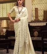off white soft satin art silk silver weaving traditional wear saree
