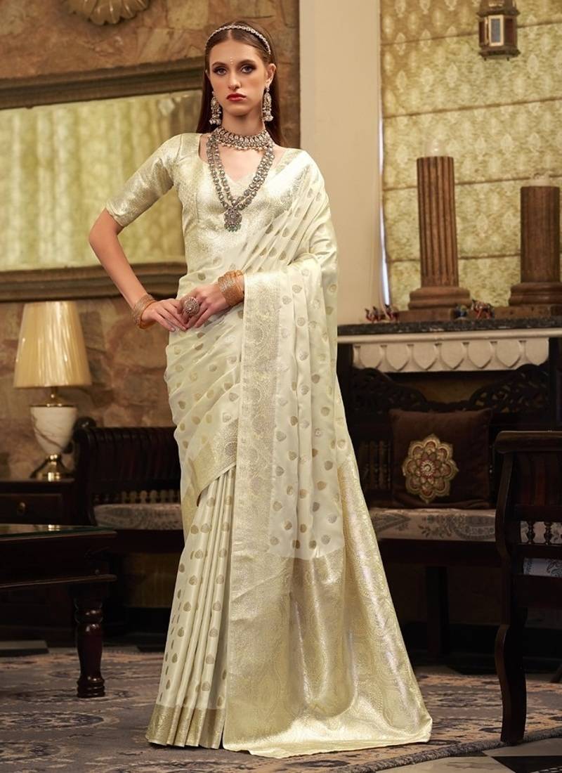 off white soft satin art silk silver weaving traditional wear saree