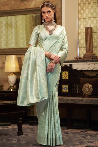 light turquoise soft satin art silk silver weaving traditional wear saree