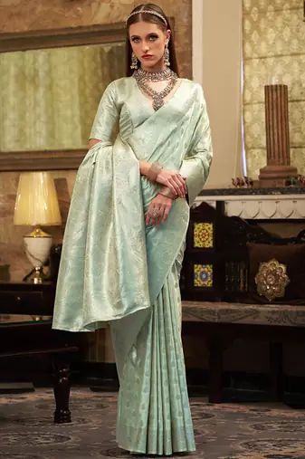 light turquoise soft satin art silk silver weaving traditional wear saree