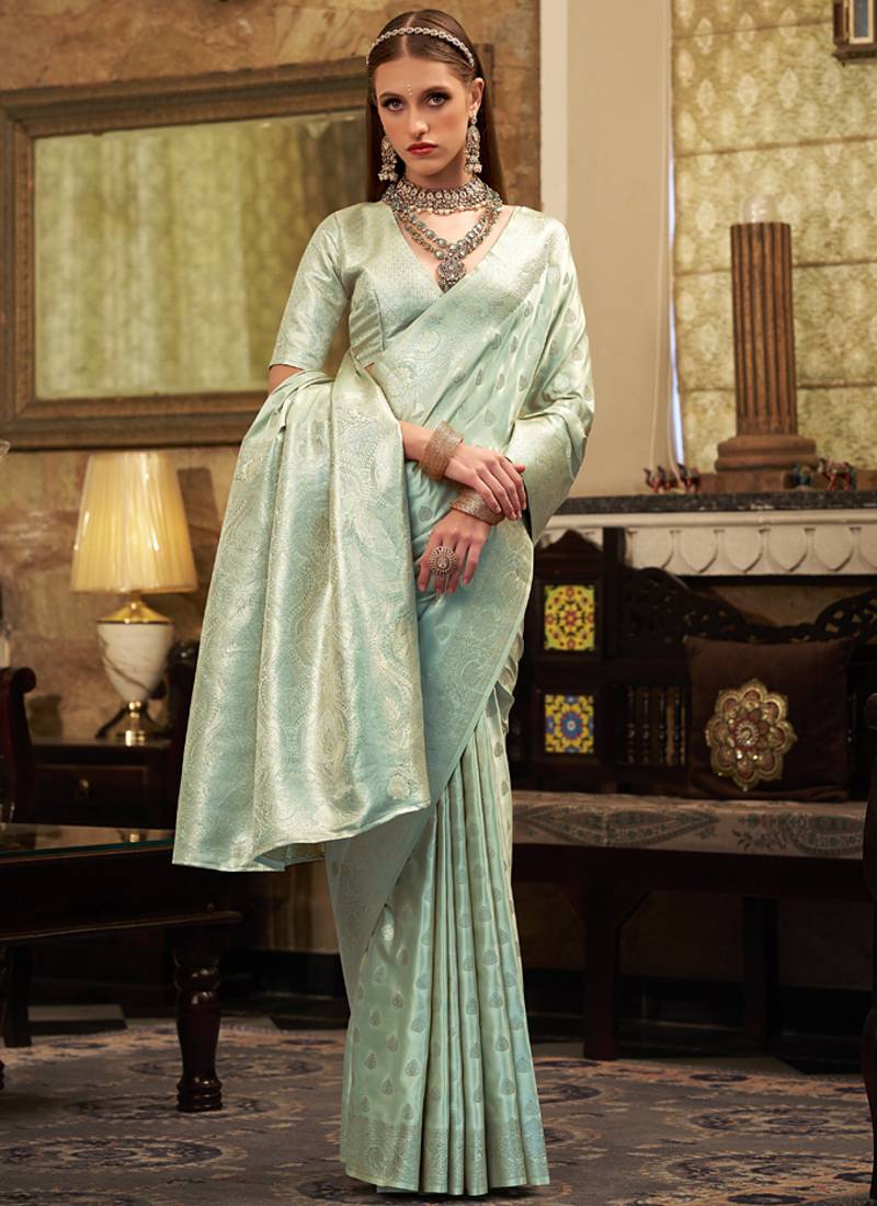 light turquoise soft satin art silk silver weaving traditional wear saree