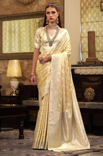 cream soft satin art silk silver weaving traditional wear saree