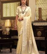 cream soft satin art silk silver weaving traditional wear saree