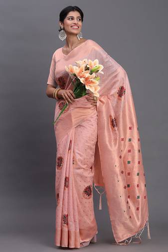 light pink color woven work linen cotton saree
