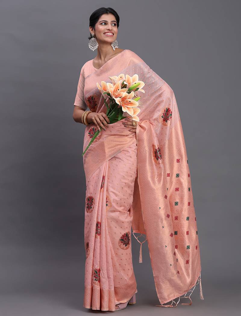 light pink color woven work linen cotton saree