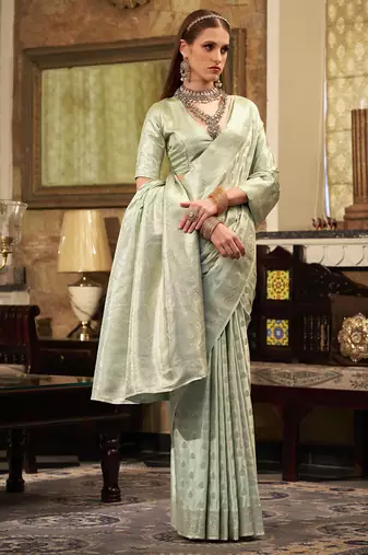 light pista soft satin art silk silver weaving traditional wear saree