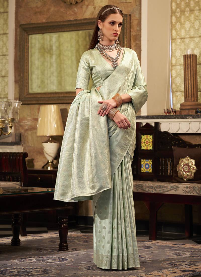 light pista soft satin art silk silver weaving traditional wear saree