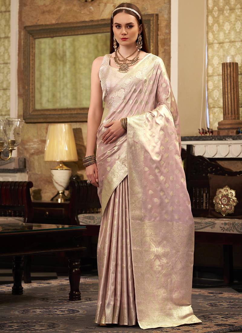 light rose gold soft satin art silk silver weaving traditional wear saree