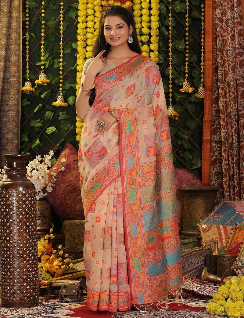 off white color woven  embroidered work linene cotton saree