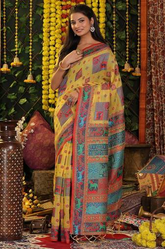 yellow color woven  embroidered work linene cotton saree