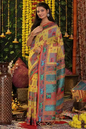 yellow color woven  embroidered work linene cotton saree