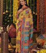 yellow color woven  embroidered work linene cotton saree