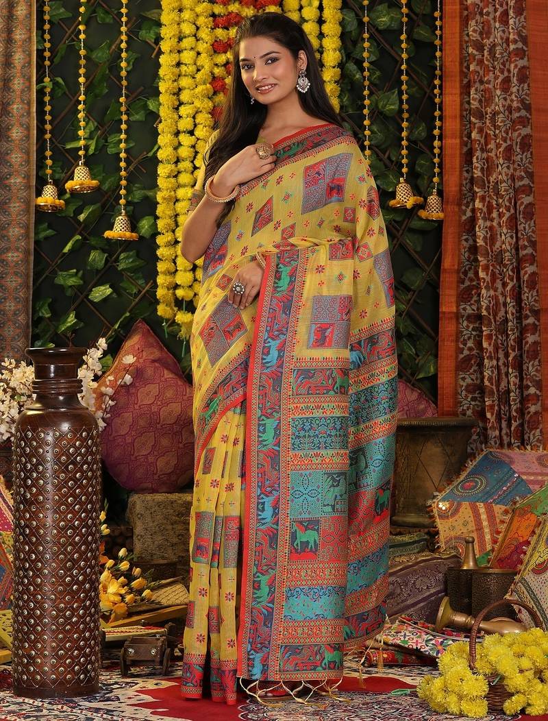 yellow color woven  embroidered work linene cotton saree