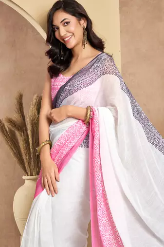 White digital printed linen ready to wear designer saree with unstitched blouse