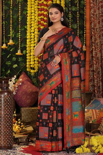 black color woven  embroidered work linene cotton saree