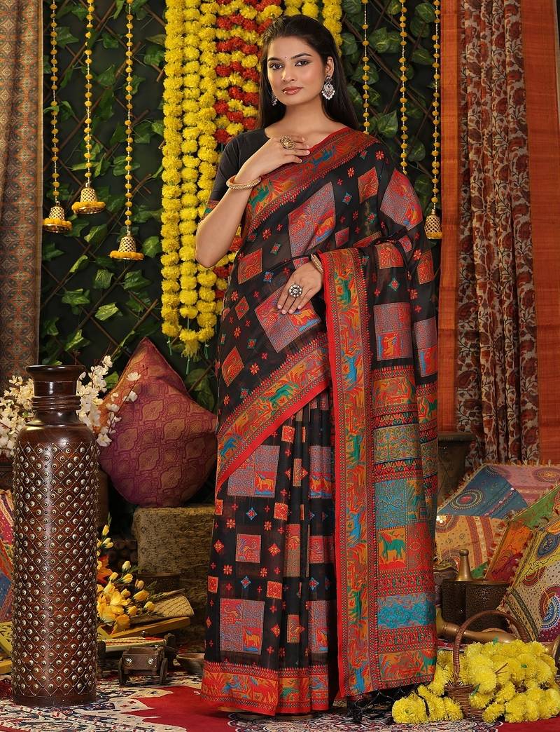 black color woven  embroidered work linene cotton saree