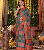 rama green color woven  embroidered work linene cotton saree